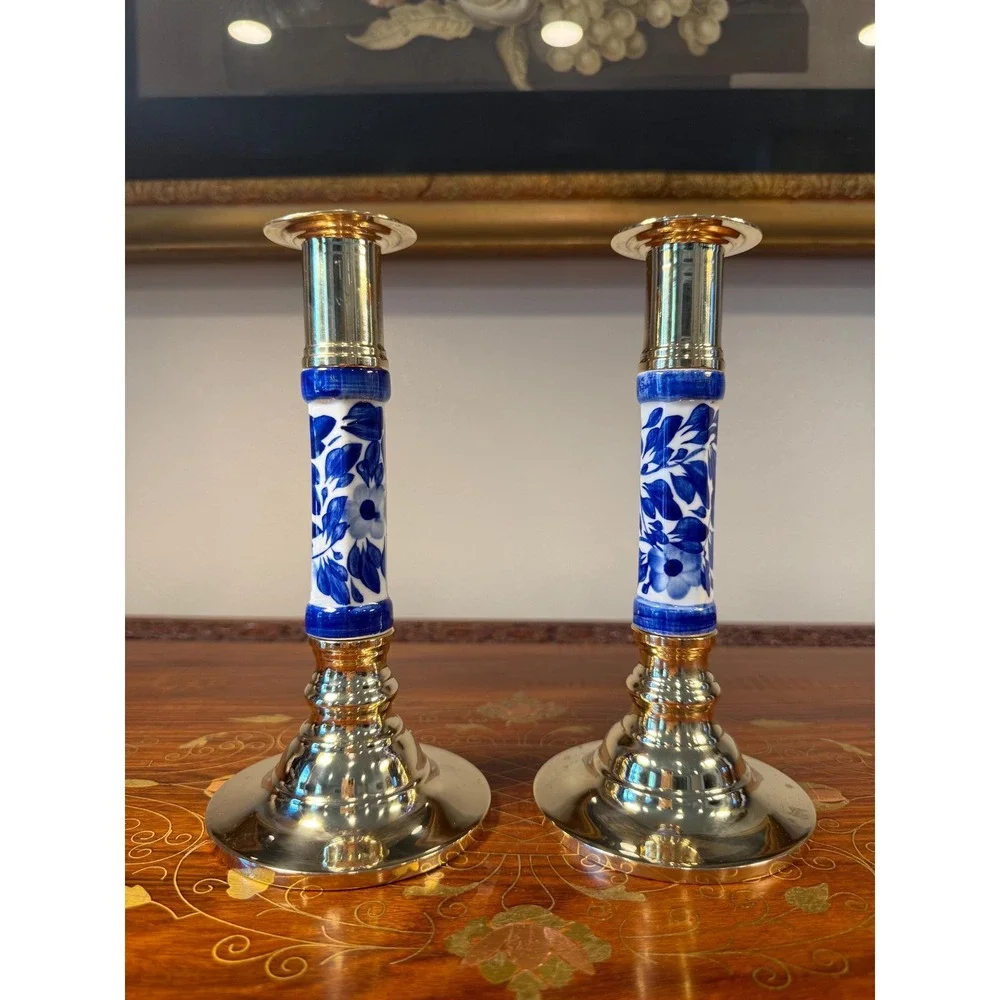 Vintage Blue White Chinoiserie Candlesticks • Brass Candle Holder Pair